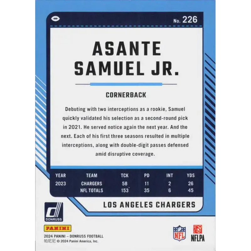 2024 Donruss #226 Asante Samuel Jr. NM-MT Los Angeles Chargers Football Card - Football Card Single