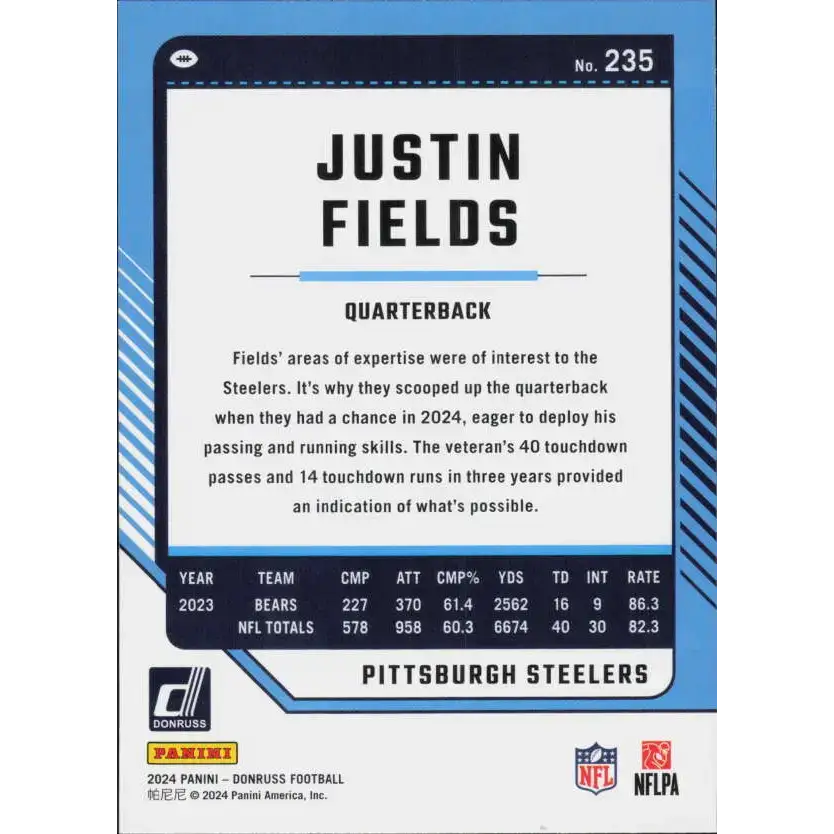 2024 Donruss #235 Justin Fields NM-MT Pittsburgh Steelers Football Card - Football Card Single