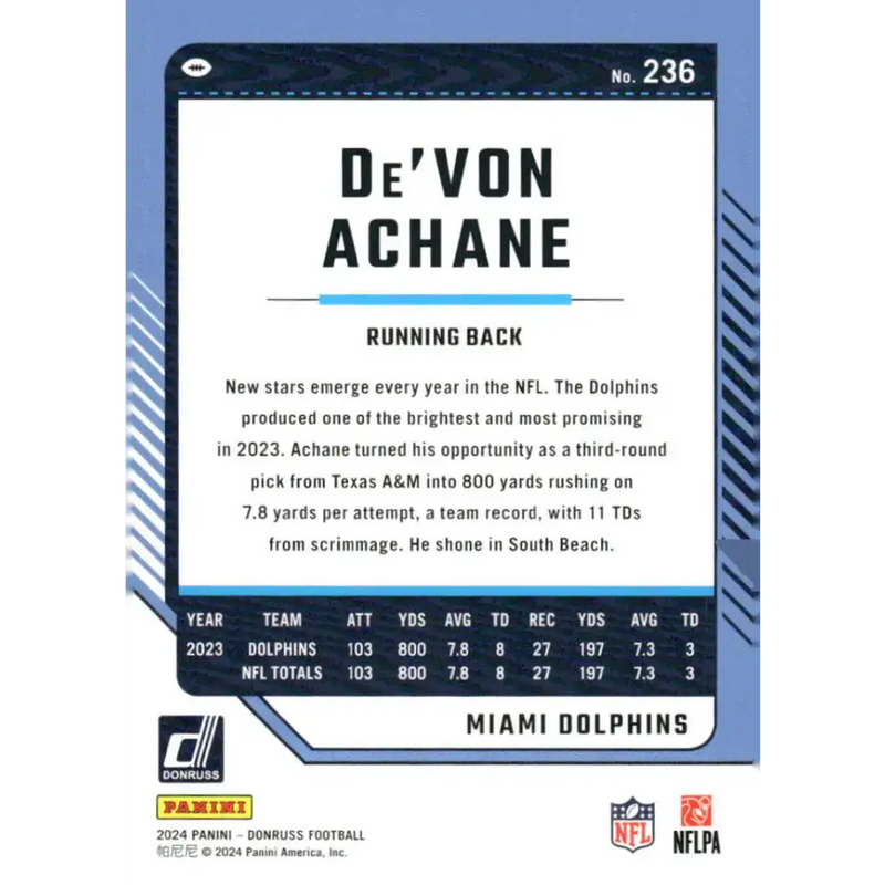 2024 Donruss #236 De’Von Achane NM-MT Miami Dolphins Football Card - Football Card Single