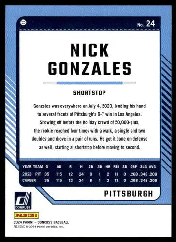 Baseball card back featuring Nick Gonzales with original gloss in NM-MT condition