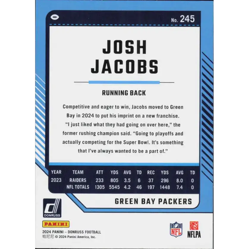 2024 Donruss #245 Josh Jacobs NM-MT Green Bay Packers Football Card - Football Card Single