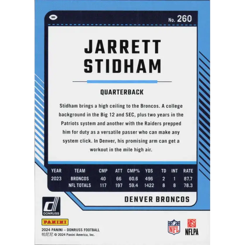 2024 Donruss #260 Jarrett Stidham NM-MT Denver Broncos Football Card - Football Card Single