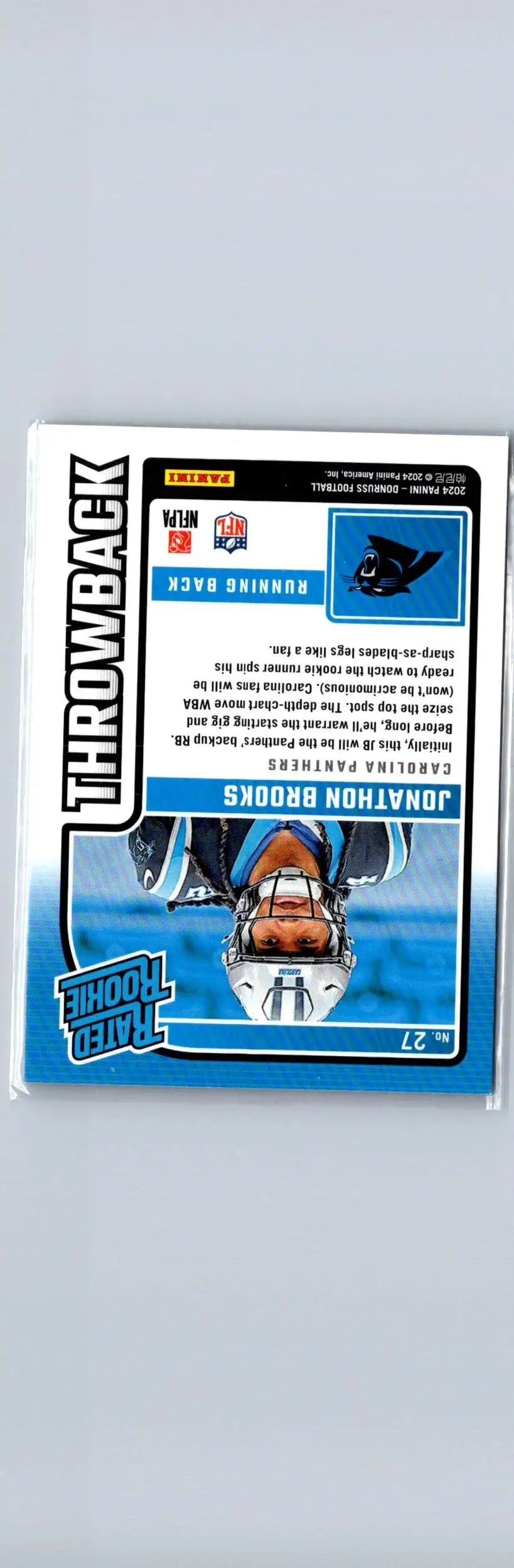 Carolina Panthers Jonathon Brooks football trading card from 2024 Donruss Brooks Rated Rookies