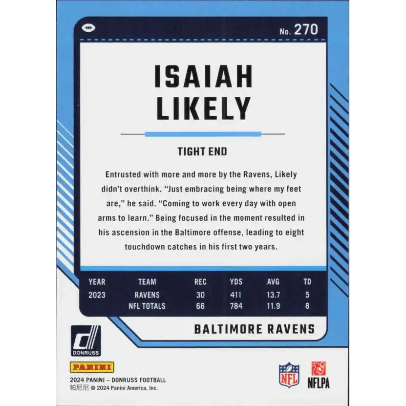 2024 Donruss #270 Isaiah Likely NM-MT Baltimore Ravens Football Card - Football Card Single