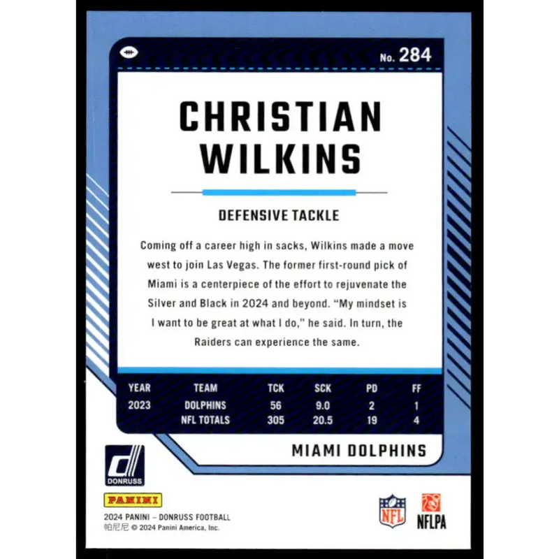 2024 Donruss #284 Christian Wilkins NM-MT Miami Dolphins Football Card - Football Card Single