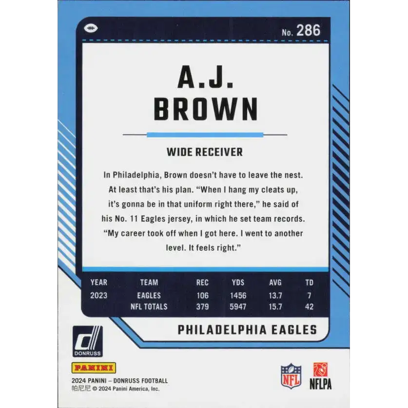 2024 Donruss #286 A.J. Brown NM-MT Philadelphia Eagles Football Card - Football Card Single