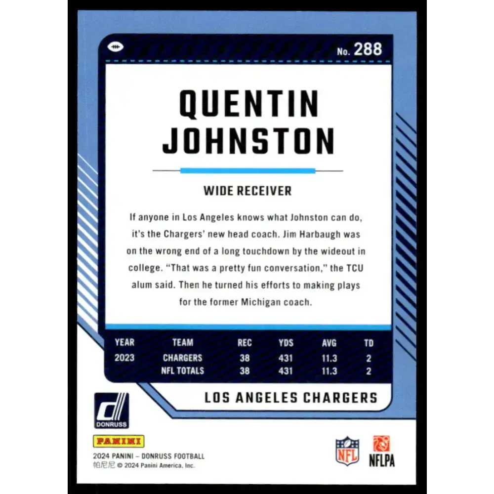2024 Donruss #288 Quentin Johnston NM-MT Los Angeles Chargers Football Card - Football Card Single