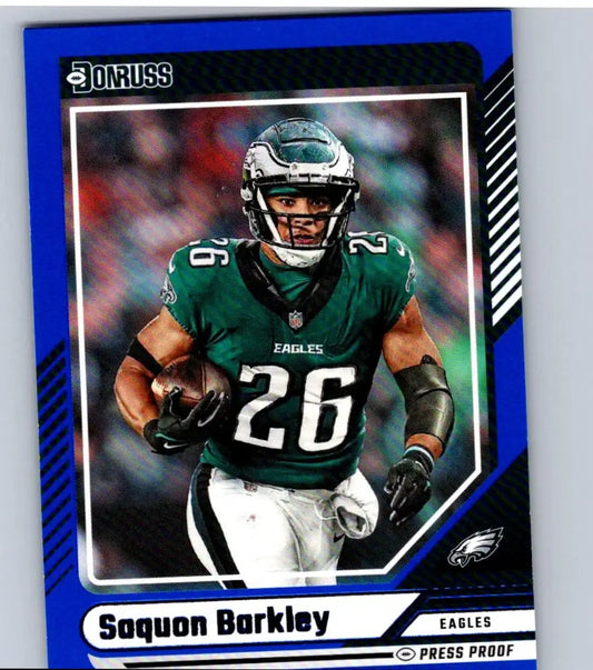 2024 Donruss Saquon Barkley Press Proof Blue football trading card in Eagles uniform
