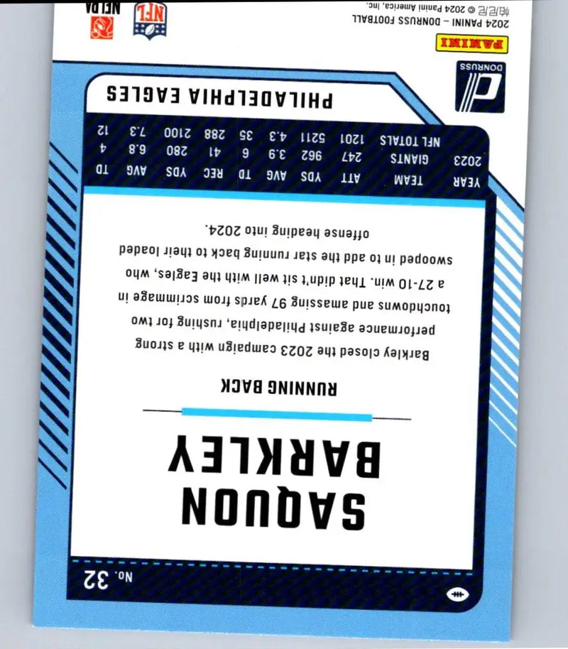 2024 Donruss Saquon Barkley Press Proof Blue football card featuring Saquon Barkley