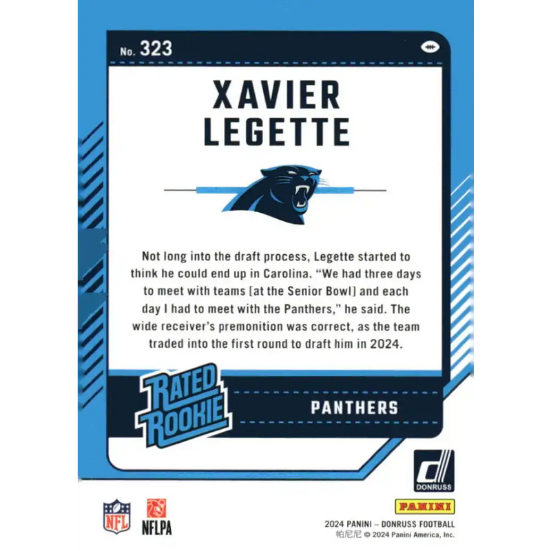 2024 Donruss #323 Xavier Legette NM-MT Carolina Panthers Football Card - Football Card Single