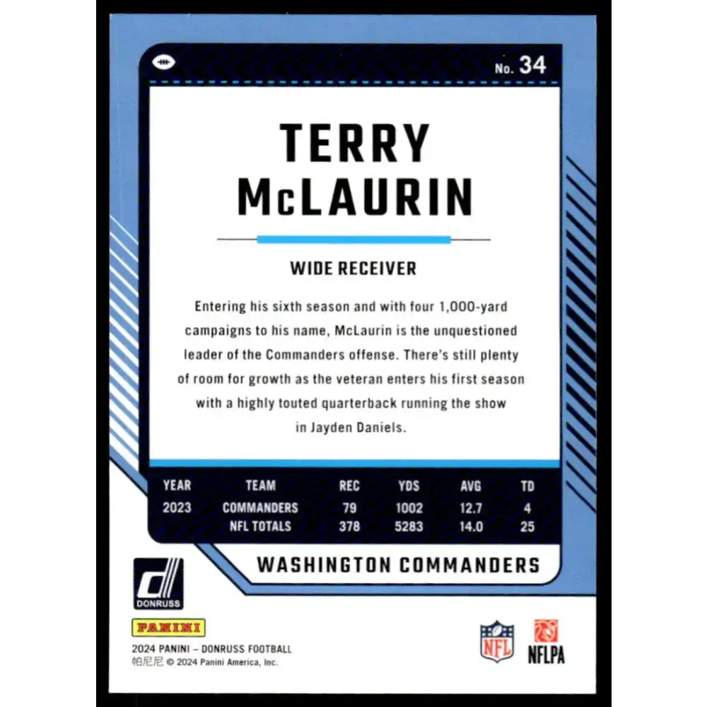 2024 Donruss #34 Terry McLaurin NM-MT Washington Commanders Football Card - Football Card Single