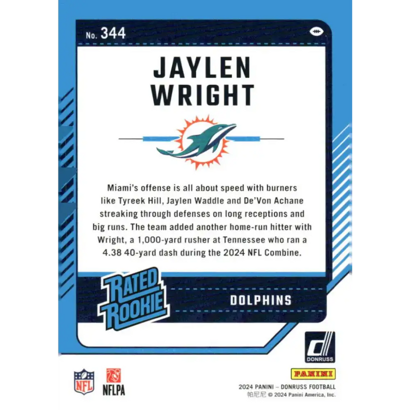 2024 Donruss #344 Jaylen Wright NM-MT Miami Dolphins Football Card - Football Card Single