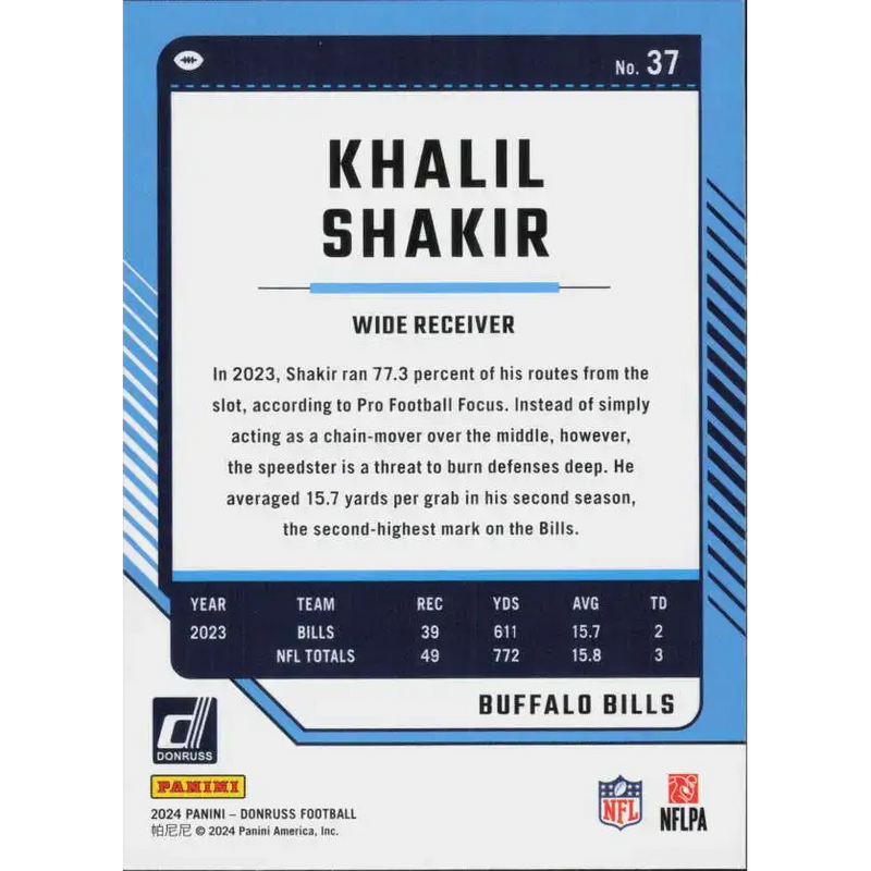 2024 Donruss #37 Khalil Shakir NM-MT Buffalo Bills Football Card - Football Card Single