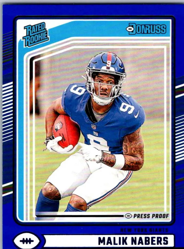 Blue football trading card of Malik Nabers in Giants uniform from 2024 Donruss Nabers Press Proof