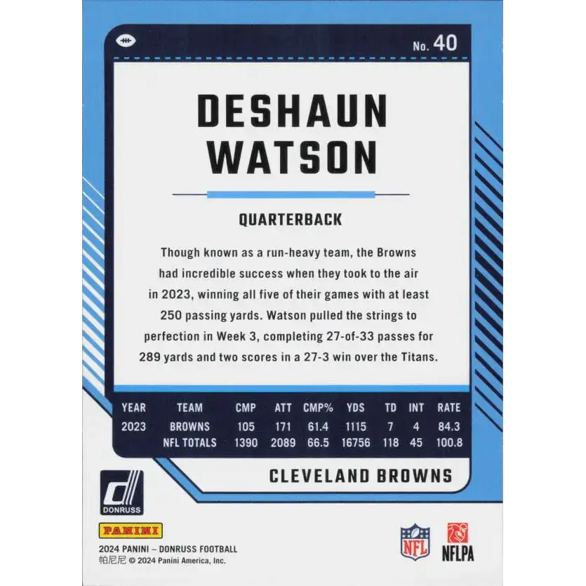 2024 Donruss #40 Deshaun Watson NM-MT Cleveland Browns Football Card - Football Card Single