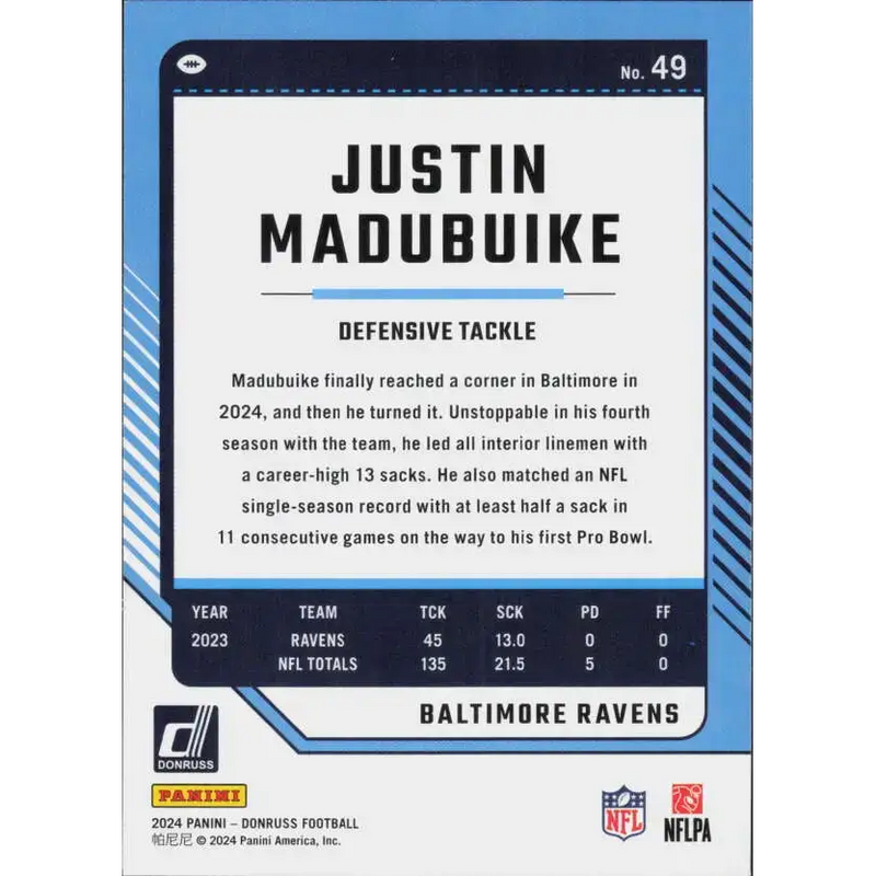 2024 Donruss #49 Nnamdi Madubuike NM-MT Baltimore Ravens Football Card - Football Card Single