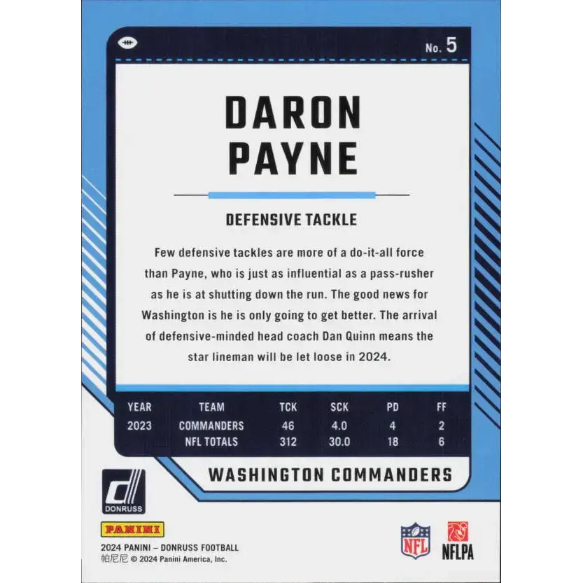 2024 Donruss #5 Daron Payne NM-MT Washington Commanders Football Card - Football Card Single