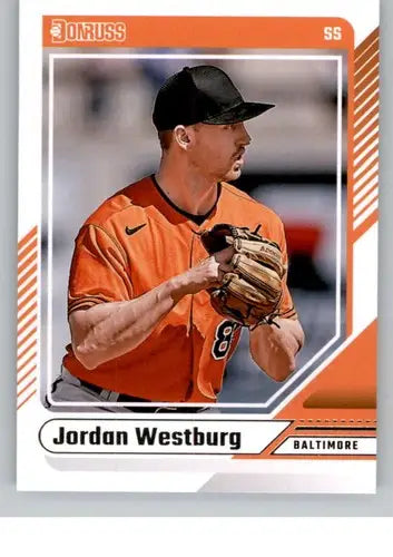 Baseball card of Jordan Westburg with original gloss, NM-MT condition, Orioles 2024 Donruss