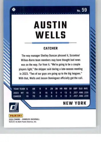 Original gloss baseball card of Austin Wells NM-MT from 2024 Donruss series
