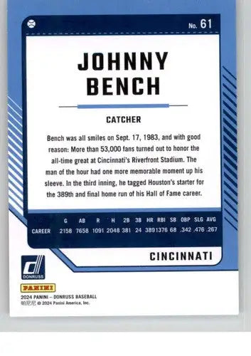 2024 Donruss #61 Johnny Bench NM-MT Reds ID:74534 - Baseball Card Single