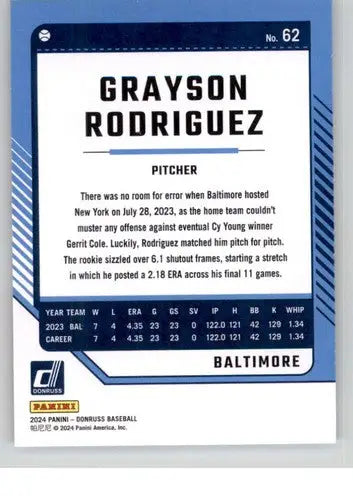 2024 Donruss #62 Grayson Rodriguez NM-MT Orioles ID:74535 - Baseball Card Single