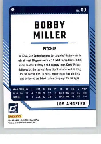 2024 Donruss Bobby Miller baseball card with original gloss NM-MT Dodgers ID 74362