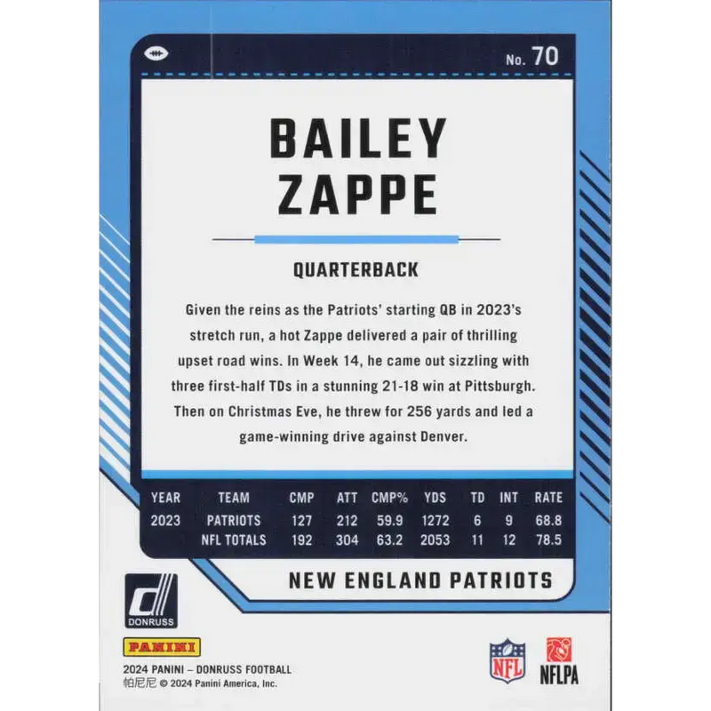 2024 Donruss #70 Bailey Zappe NM-MT New England Patriots Football Card - Football Card Single