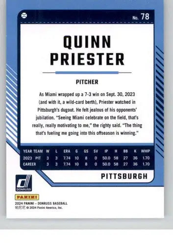 Original gloss Quinn Priester baseball card 2024 Donruss NM-MT Pirates ID 74371