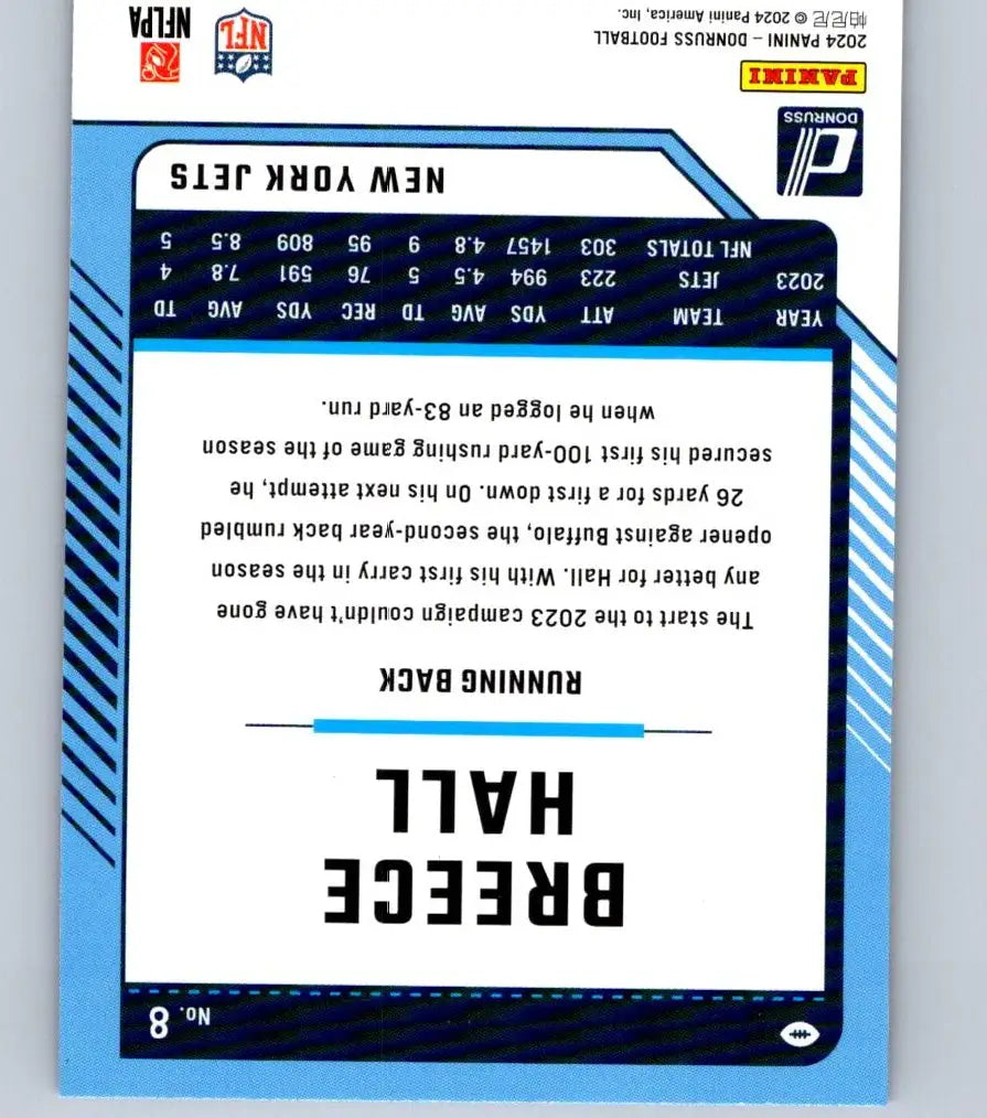 Football trading card of Breece Hall New York Jets 2024 Donruss Hall Press Proof Blue