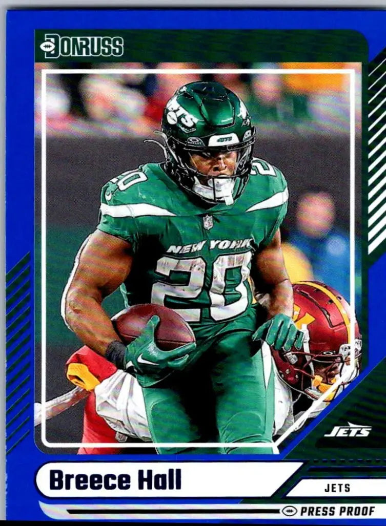2024 Donruss Breece Hall Press Proof Blue football card featuring Breece Hall Jets player