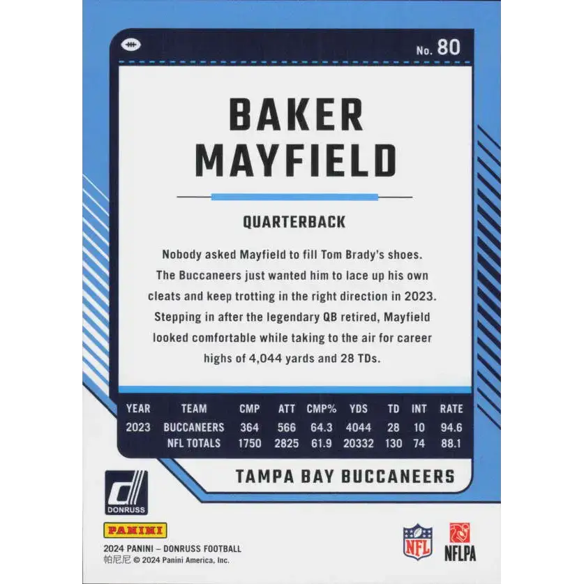 2024 Donruss #80 Baker Mayfield NM-MT Tampa Bay Buccaneers Football Card - Football Card Single