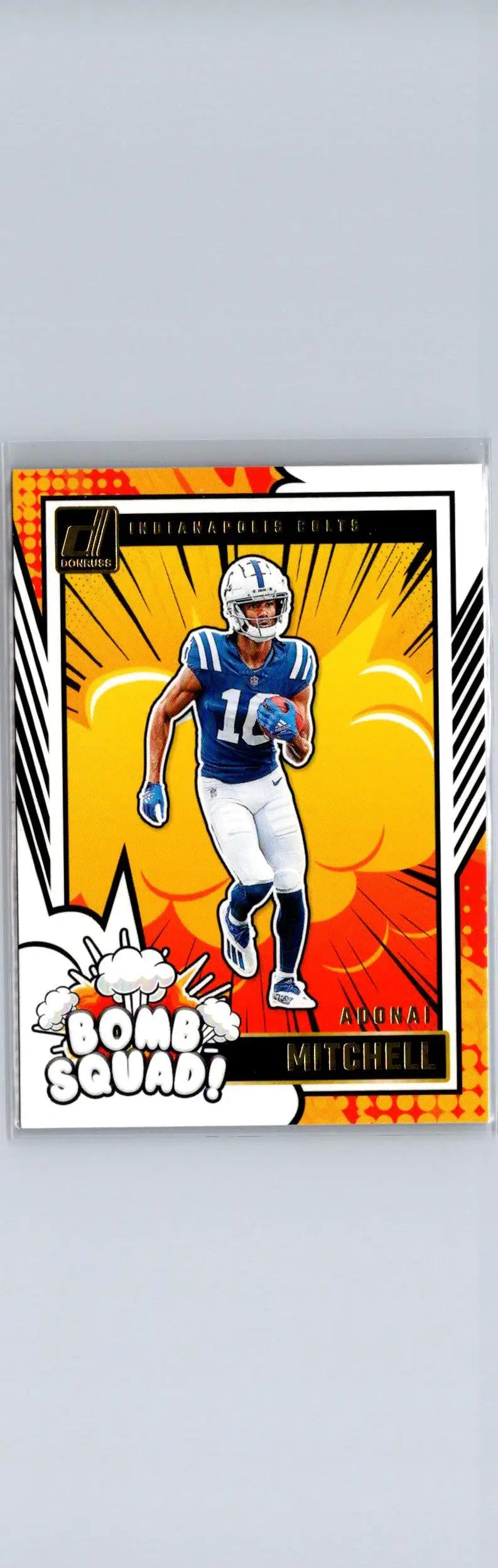 Football trading card of Adonai Mitchell Bomb Squad in blue and white uniform against orange background
