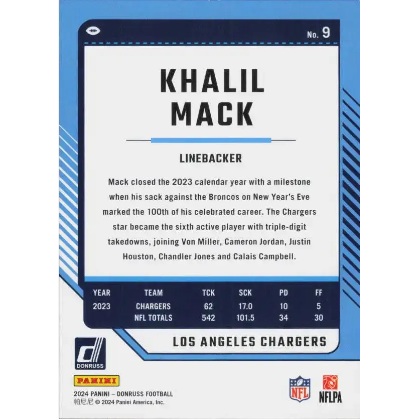 2024 Donruss #9 Khalil Mack NM-MT Los Angeles Chargers Football Card - Football Card Single