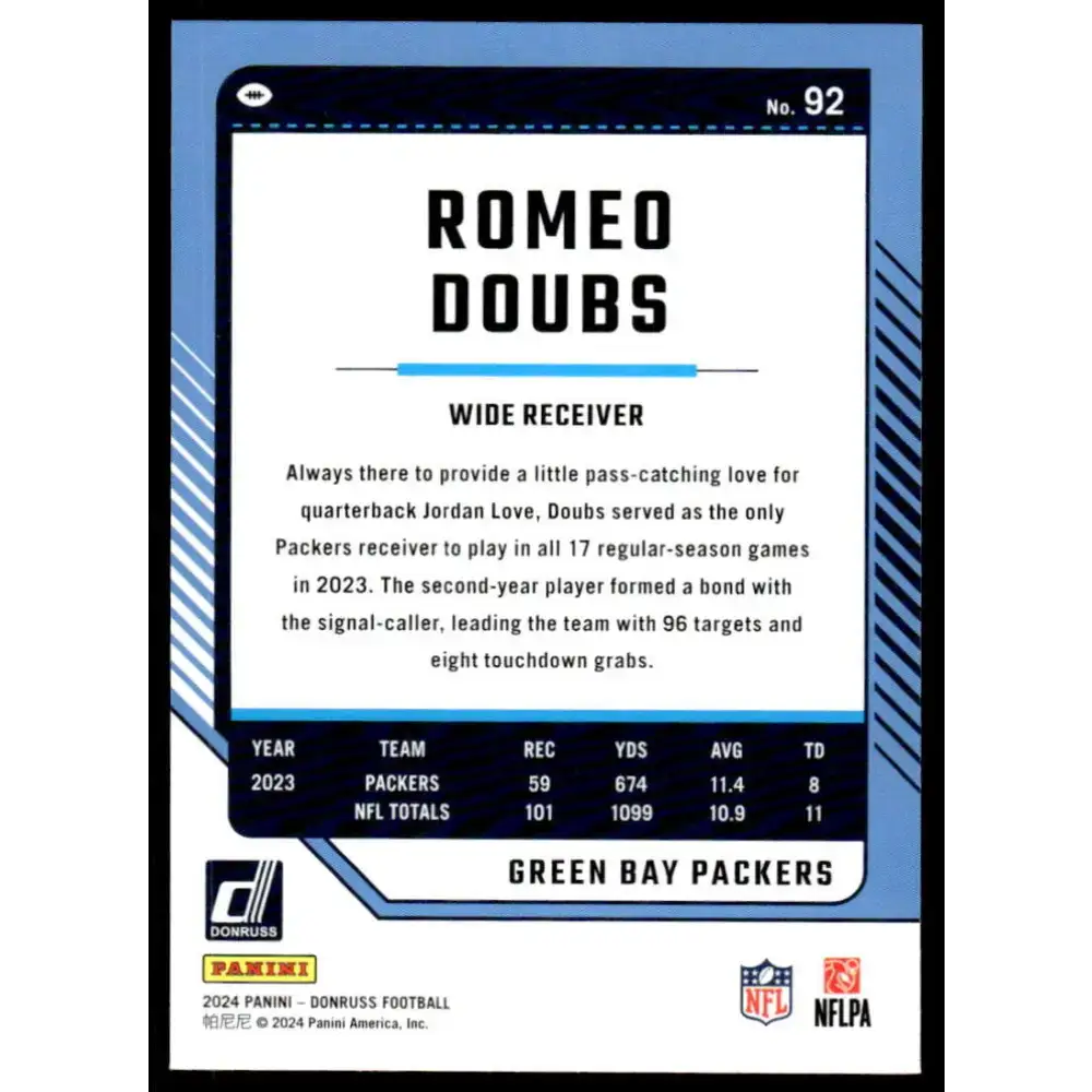 2024 Donruss #92 Romeo Doubs NM-MT Green Bay Packers Football Card - Football Card Single