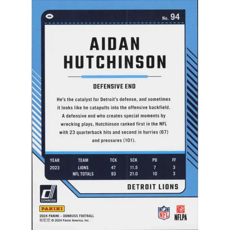 2024 Donruss #94 Aidan Hutchinson NM-MT Detroit Lions Football Card - Football Card Single