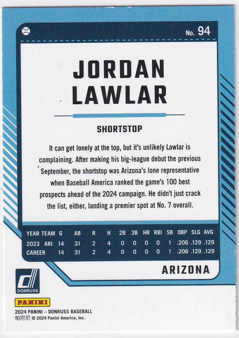 2024 DONRUSS #94 JORDAN LAWLAR RED & BLUE HOLO- ARIZONA DIAMONDBACKS - Baseball Card Single