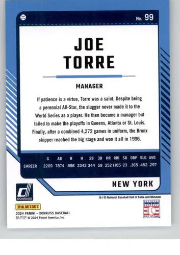 Joe Torre baseball card with original gloss from 2024 Donruss NM-MT Yankees