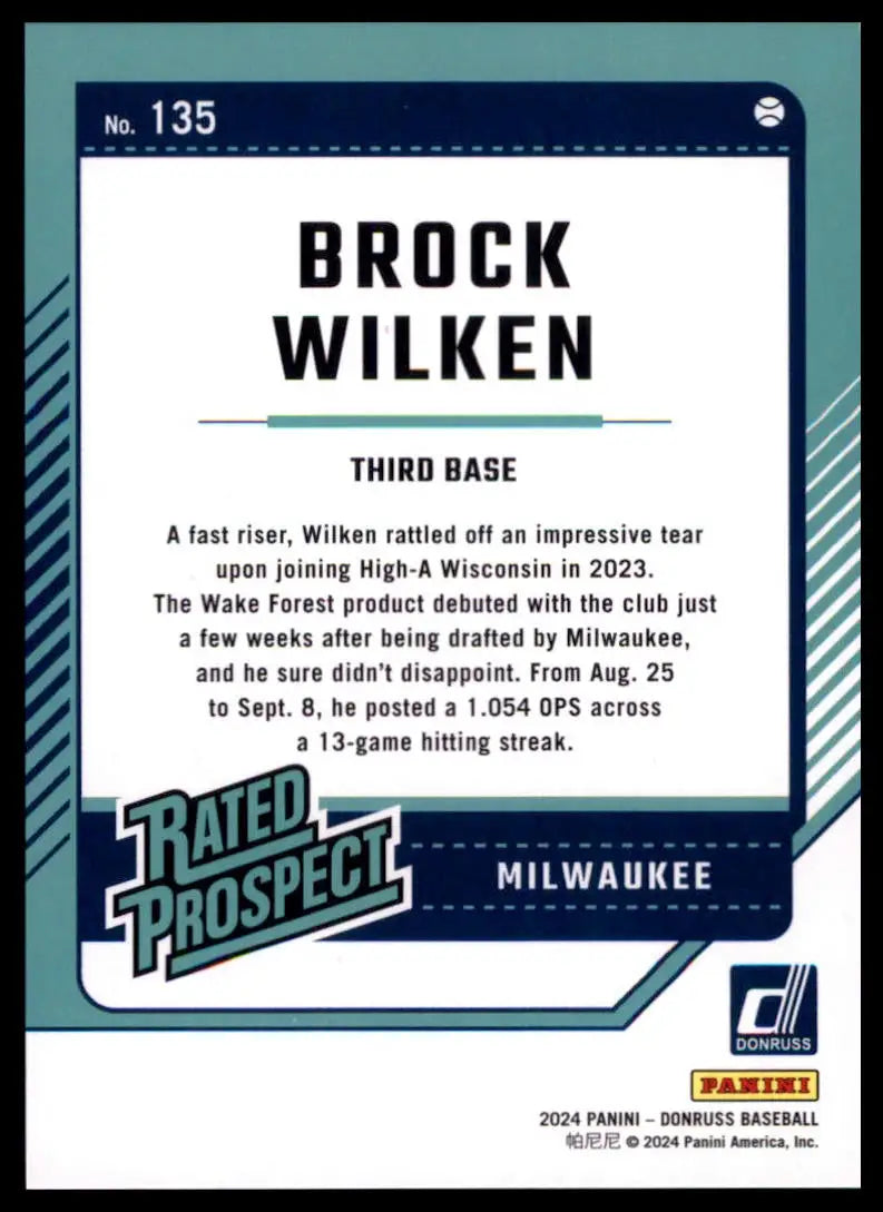 2024 Donruss - Blue Brock Wilken 135 /149 Milwaukee Brewers NM - Baseball Card Single