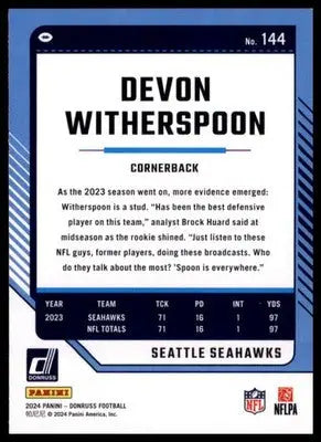 2024 Donruss Devon Witherspoon 144 Seattle Seahawks - Football Card Single