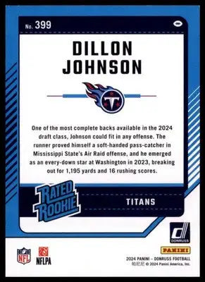 2024 Donruss Dillon Johnson RC 399 Tennessee Titans - Football Card Single