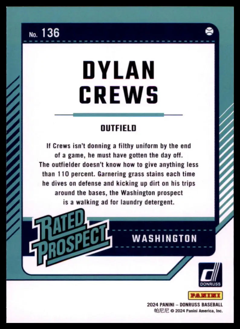 2024 Donruss Dylan Crews 136 Washington Nationals Baseball NM - Baseball Card Single