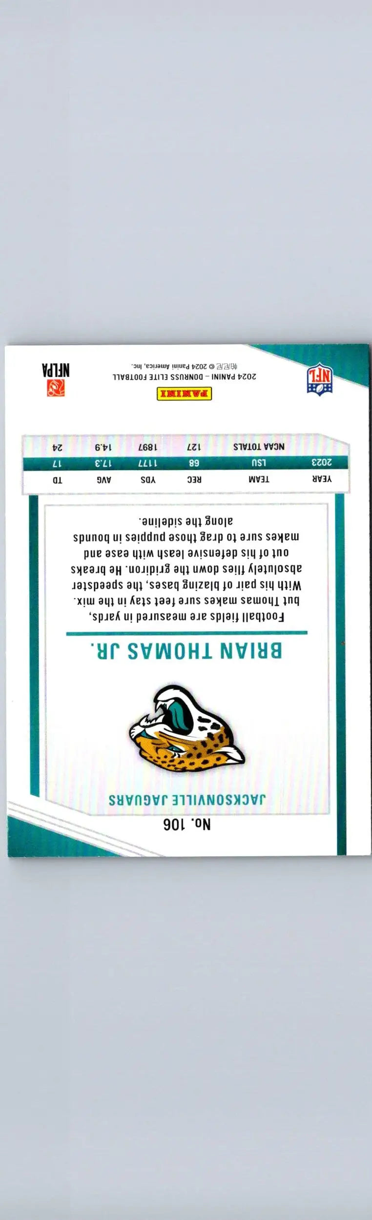 Back of a football trading card featuring Brian Thomas Jr. Donruss Elite Green Disco