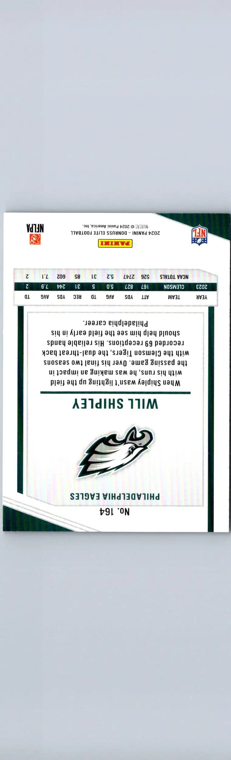 Back of a 2024 Donruss Elite Will Shipley Green Disco football trading card