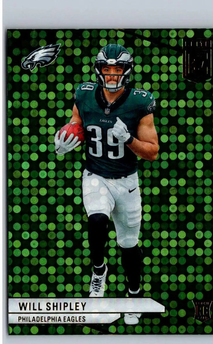 Football trading card of Will Shipley of the Philadelphia Eagles featuring Shipley Green Disco design in Donruss Elite series