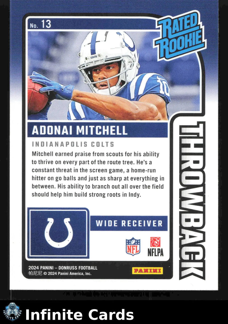 2024 Donruss Football ADONAI MITCHELL #13 Throwback Indianapolis Colts RC - Football Card Single