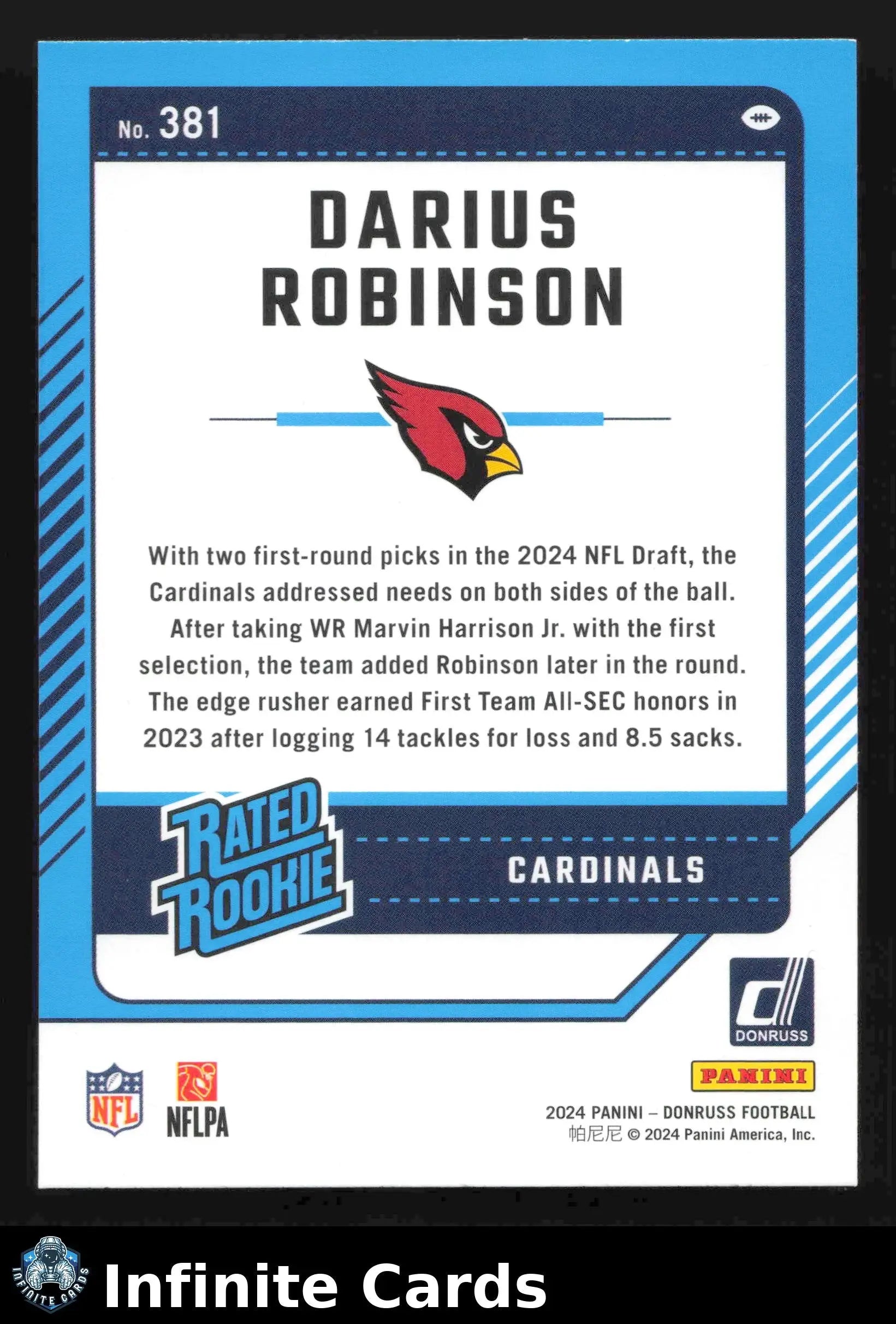 2024 Donruss Football DARIUS ROBINSON #381 Arizona Cardinals RC - Football Card Single