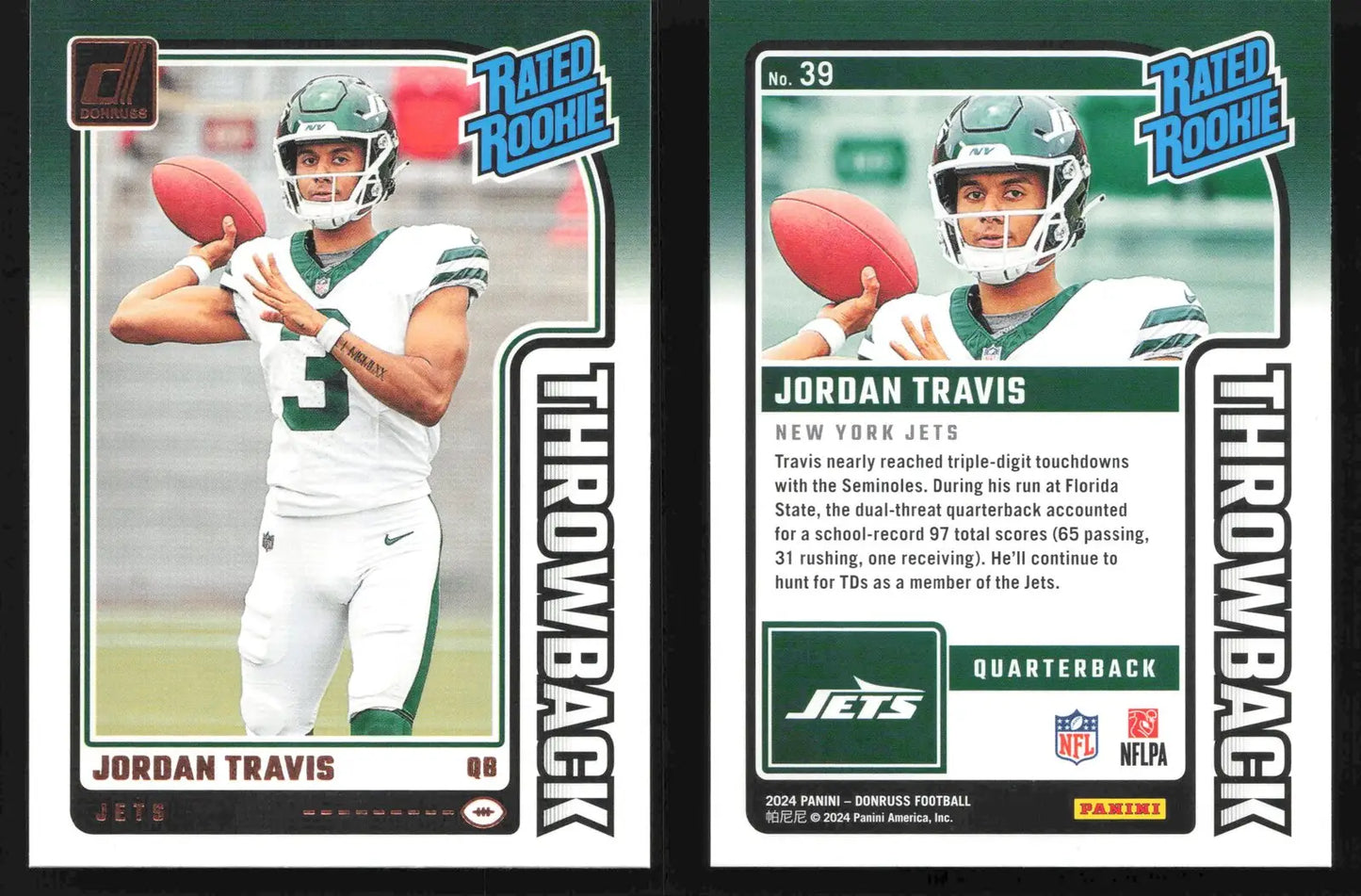 2024 Donruss Football JORDAN TRAVIS #39 Throwback New York Jets RC - Football Card Single