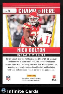 2024 Donruss Football NICK BOLTON #9 Champ is Here Kansas City Chiefs - Football Card Single