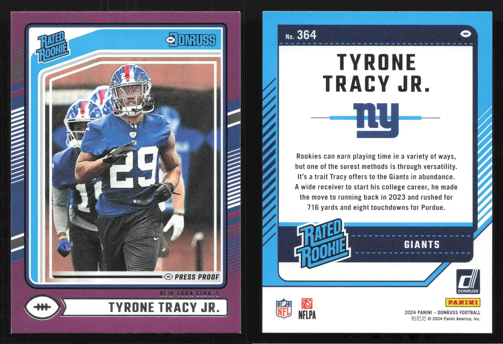 2024 Donruss Football TYRONE TRACY JR. #364 Press Proof Purple Giants RC - Football Card Single
