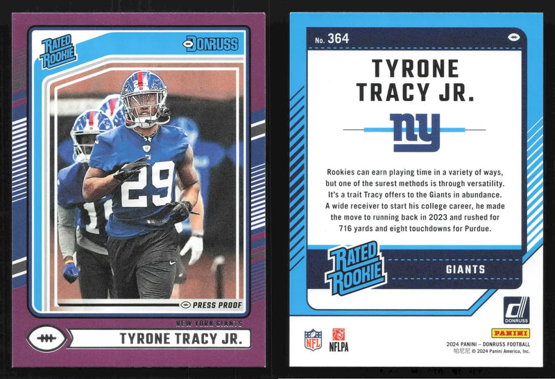 2024 Donruss Football TYRONE TRACY JR. #364 Press Proof Purple Giants RC - Football Card Single